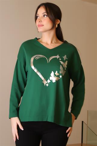 V YAKA KALP BASKILI YEŞİL KADIN TRİKO KAZAK 603-2K5