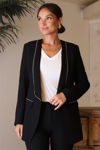 TAŞ İŞLEMELİ UZUN KOLLU SİYAH KADIN CEKET 1018-2Y4