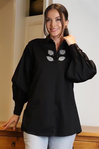 YAKASI İŞLEMELİ SİYAH KADIN TUNİK 4525-2Y4