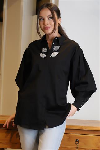 YAKASI İŞLEMELİ SİYAH KADIN TUNİK 4525-2Y4