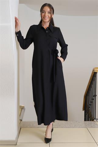 Gömlek Yaka Önü Düğmeli Belden Bağlamalı Siyah Elbise 009-2K3