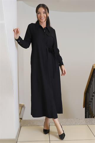 Gömlek Yaka Önü Düğmeli Belden Bağlamalı Siyah Elbise 009-2K3
