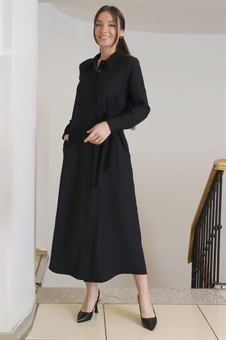 Gömlek Yaka Önü Düğmeli Belden Bağlamalı Siyah Elbise 009-2K3