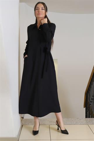 Gömlek Yaka Önü Düğmeli Belden Bağlamalı Siyah Elbise 009-2K3