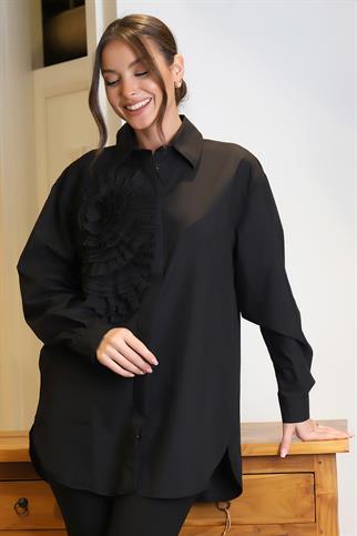UZUN KOLLU GÜL DESENLİ SİYAH KADIN GÖMLEK 24631-2Y4