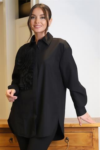 UZUN KOLLU GÜL DESENLİ SİYAH KADIN GÖMLEK 24631-2Y4
