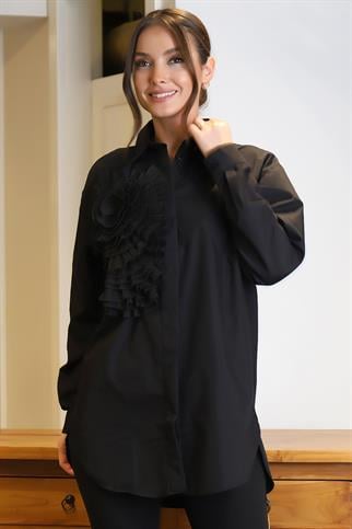 UZUN KOLLU GÜL DESENLİ SİYAH KADIN GÖMLEK 24631-2Y4