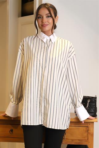 HAKİM YAKA UZUN KOLLU KREM KADIN GÖMLEK 24835-2Y4