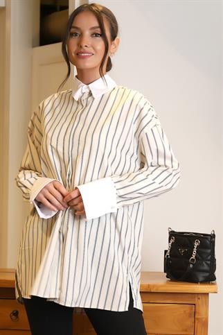 HAKİM YAKA UZUN KOLLU KREM KADIN GÖMLEK 24835-2Y4