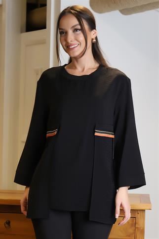 SIFIR YAKA UZUN KOLLU SİYAH KADIN BLUZ 4003-2Y4