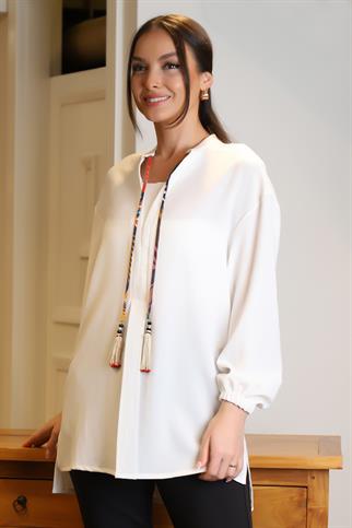 UZUN KOLLU BAĞLAMALI EKRU KADIN BLUZ 4016-2Y4