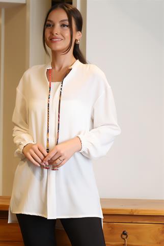 UZUN KOLLU BAĞLAMALI EKRU KADIN BLUZ 4016-2Y4
