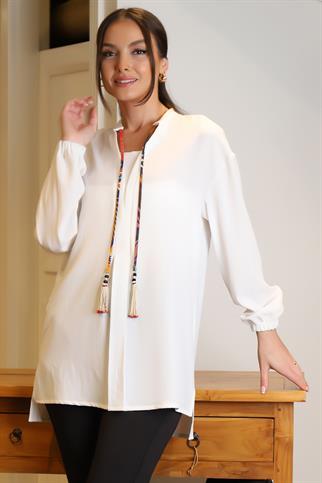UZUN KOLLU BAĞLAMALI EKRU KADIN BLUZ 4016-2Y4