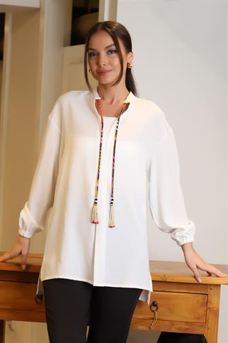 UZUN KOLLU BAĞLAMALI EKRU KADIN BLUZ 4016-2Y4