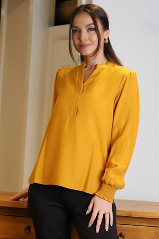 KOLLARI LASTİKLİ V YAKA HARDAL KADIN BLUZ 4028-2Y4