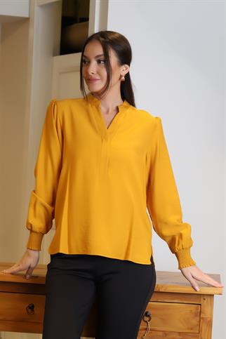KOLLARI LASTİKLİ V YAKA HARDAL KADIN BLUZ 4028-2Y4