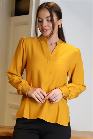 KOLLARI LASTİKLİ V YAKA HARDAL KADIN BLUZ 4028-2Y4