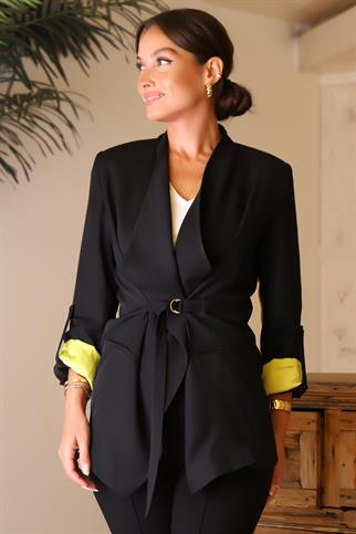 KUŞAKLI SİYAH KADIN CEKET  6007-2Y4