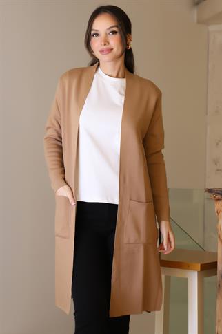 CAMEL CEPLİ UZUN KOLLU KADIN HIRKA 4341-2K5