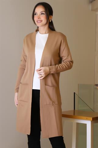 CAMEL CEPLİ UZUN KOLLU KADIN HIRKA 4341-2K5