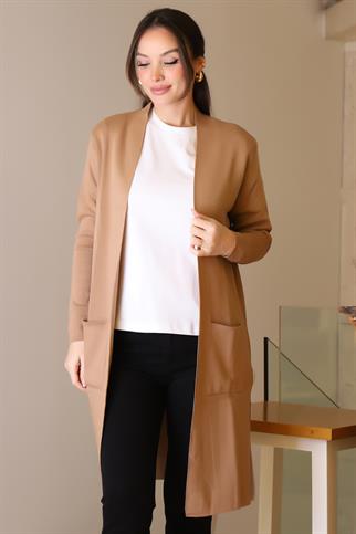 CAMEL CEPLİ UZUN KOLLU KADIN HIRKA 4341-2K5