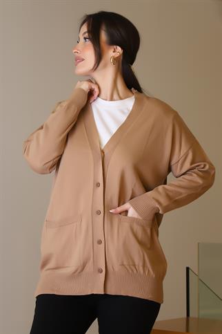 CEPLİ UZUN KOLLU CAMEL KADIN HIRKA  5480-2K5