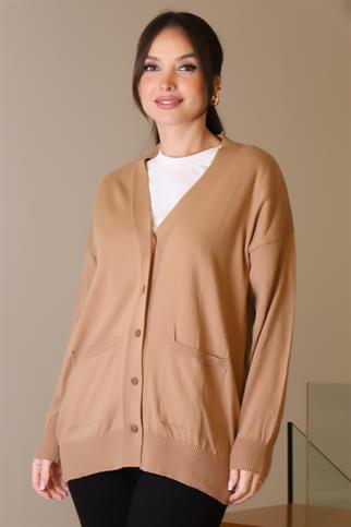 CEPLİ UZUN KOLLU CAMEL KADIN HIRKA  5480-2K5