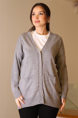 CEPLİ UZUN KOLLU GRİ KADIN HIRKA 5480-2K5