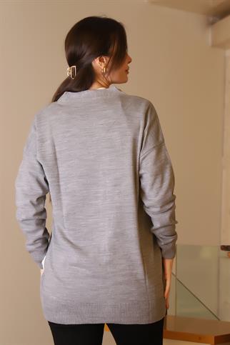 CEPLİ UZUN KOLLU GRİ KADIN HIRKA 5480-2K5