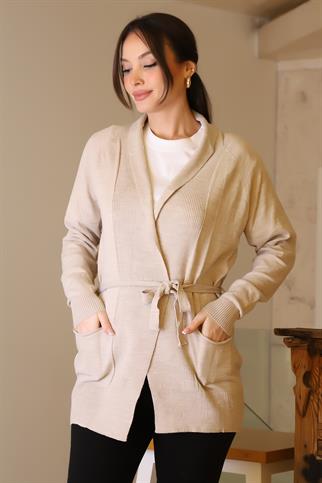 GENİŞ YAKA KUŞAKLI BEJ KADIN TRİKO HIRKA 5481-2K5 