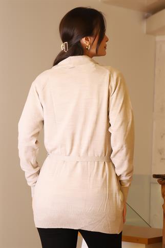 GENİŞ YAKA KUŞAKLI BEJ KADIN TRİKO HIRKA 5481-2K5 