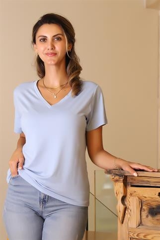 KISA KOLLU V YAKA MAVİ KADIN BLUZ  717-2Y5