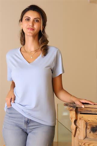 KISA KOLLU V YAKA MAVİ KADIN BLUZ  717-2Y5