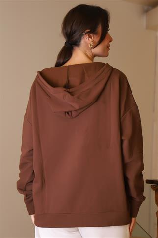 KAPÜŞONLU YAKASI FERMUARLI KAHVE KADIN SWEATSHİRT 2052-2K5