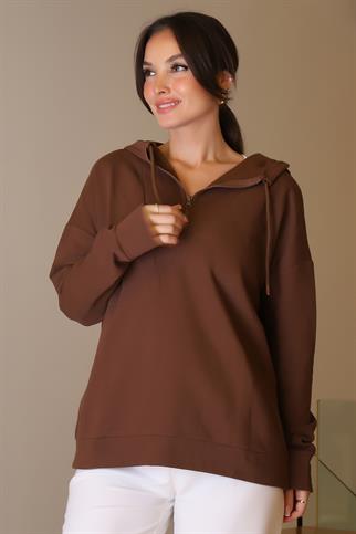 KAPÜŞONLU YAKASI FERMUARLI KAHVE KADIN SWEATSHİRT 2052-2K5
