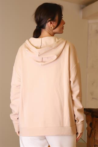 KAPÜŞONLU YAKASI FERMUARLI PUDRA KADIN SWEATSHİRT  2052-2K5