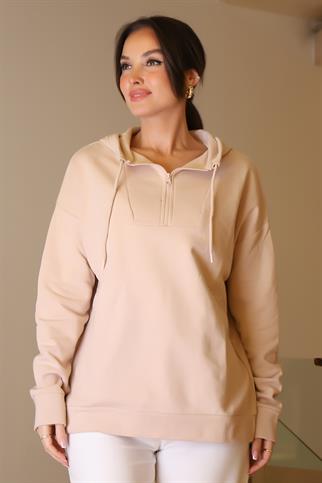 KAPÜŞONLU YAKASI FERMUARLI PUDRA KADIN SWEATSHİRT  2052-2K5