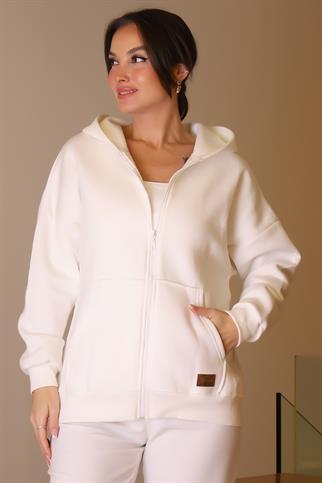 KANGURU CEPLİ EKRU KADIN SWEATSHİRT  3045-2K5