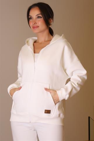 KANGURU CEPLİ EKRU KADIN SWEATSHİRT  3045-2K5