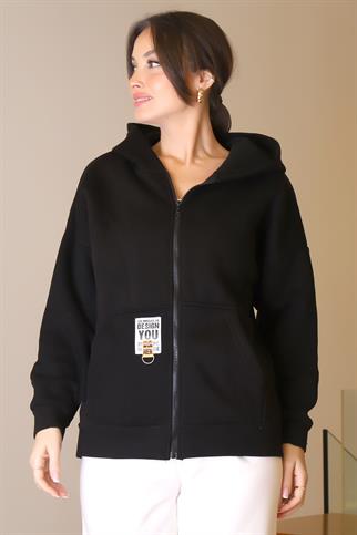 FERMUARLI KAPÜŞONLU SİYAH KADIN SWEATSHİRT  3064-2K5