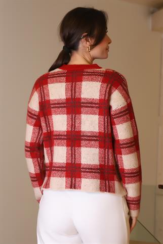 SIFIR YAKA EKOSE KIRMIZI KADIN TRİKO KAZAK 5139-2K5