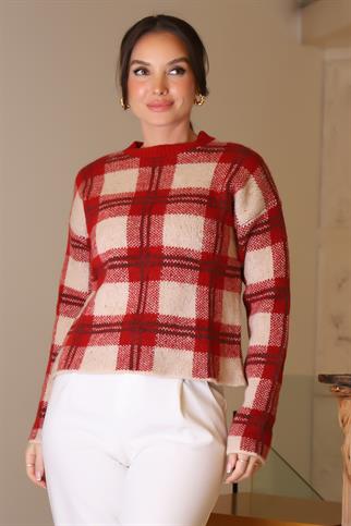 SIFIR YAKA EKOSE KIRMIZI KADIN TRİKO KAZAK 5139-2K5