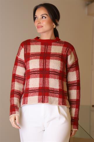 SIFIR YAKA EKOSE KIRMIZI KADIN TRİKO KAZAK 5139-2K5