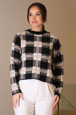 SIFIR YAKA EKOSE SİYAH KADIN TRİKO KAZAK5139-2K5