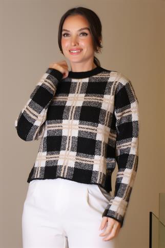 SIFIR YAKA EKOSE SİYAH KADIN TRİKO KAZAK5139-2K5