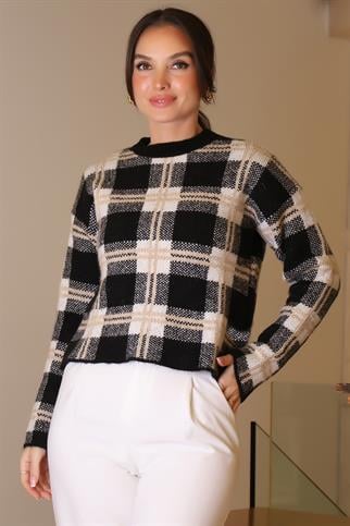 SIFIR YAKA EKOSE SİYAH KADIN TRİKO KAZAK5139-2K5