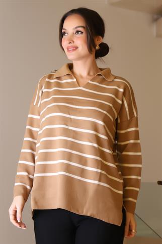GÖMLEK YAKA ÇİZGİLİ CAMEL EKRU KADIN TRİKO KAZAK 5165-2K5