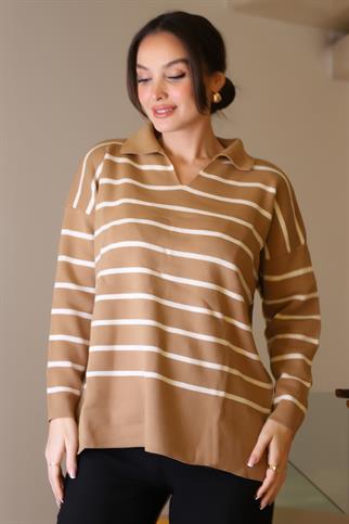 GÖMLEK YAKA ÇİZGİLİ CAMEL EKRU KADIN TRİKO KAZAK 5165-2K5