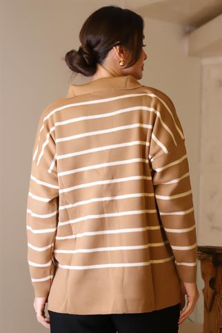 GÖMLEK YAKA ÇİZGİLİ CAMEL EKRU KADIN TRİKO KAZAK 5165-2K5