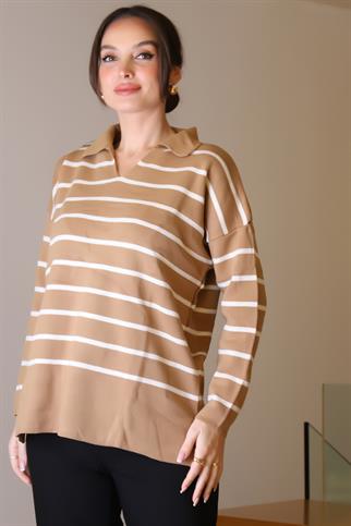 GÖMLEK YAKA ÇİZGİLİ CAMEL EKRU KADIN TRİKO KAZAK 5165-2K5